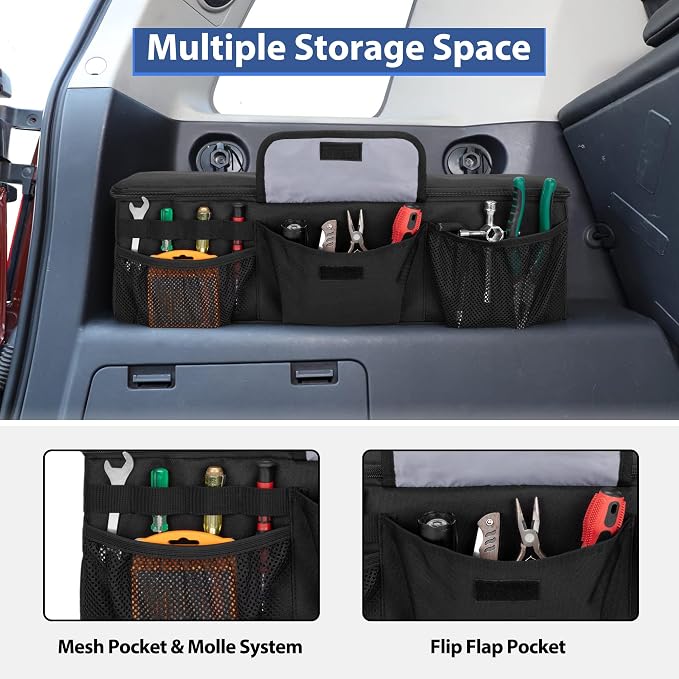 GRAOSO Car Trunk Organizer Compatible with Toyota FJ Cruiser 2007-2021, Rear Storage Bag with 3 Pieces of 1.5” Wide Hook&Loop Tapes, 2 Adjustable Hanging Loops, Multiple Pockets, Black