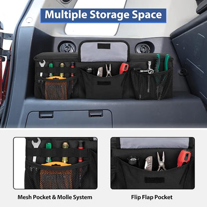 GRAOSO Car Trunk Organizer Compatible with Toyota FJ Cruiser 2007-2021, Rear Storage Bag with 3 Pieces of 1.5” Wide Hook&Loop Tapes, 2 Adjustable Hanging Loops, Multiple Pockets, Black