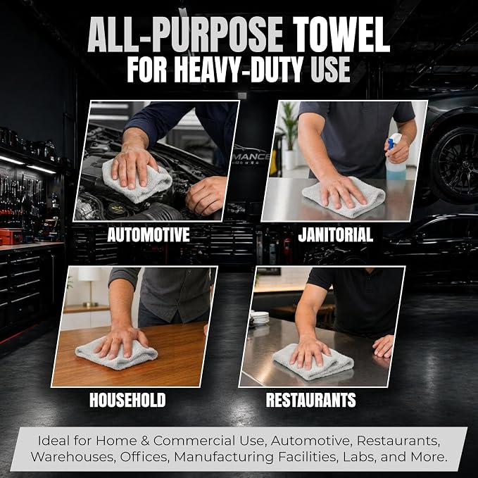 Shop Towels (White, 150-Pack) - Bulk Cleaning Towel in a Bag, Mechanic Cotton Wipes for Car Maintenance, Auto Mechanics & Garage, Wipe Grease & Oil, Machine Wash & Reusable