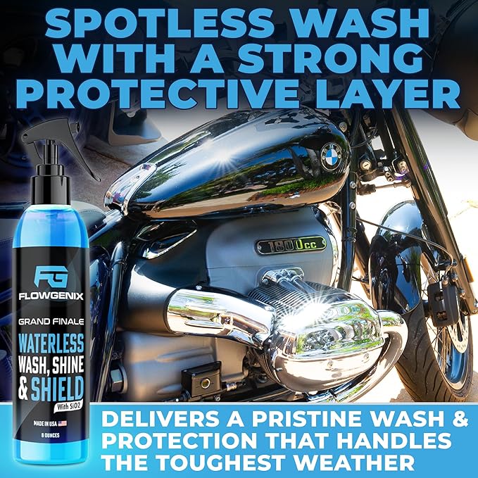 Flowgenix™ Waterless Car Wash Spray - Grand Finale - Motorcycle Cleaner & Car Wax Polish (8 oz) - Ceramic Coating - Incl. 2 Microfiber Towels - Quick Detailer Spray to Make Your Vehicle Shine