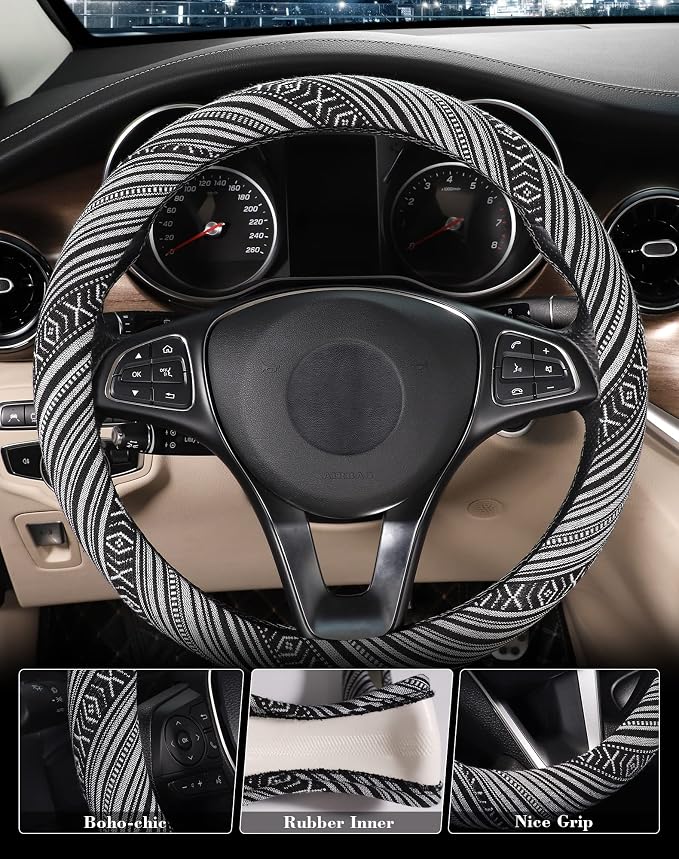 SEG Direct Boho Steering Wheel Cover with Baja Blanket Cloth, Ethnic Style Auto Wheel Cover Made of Coarse Flax, Fits 14 1/2-15 1/4 inches Car Wheel