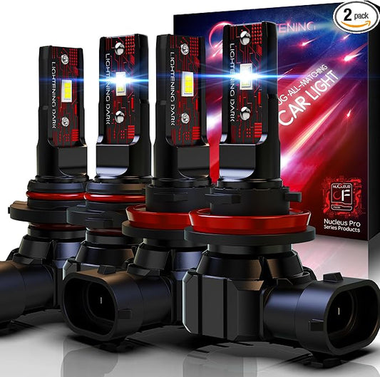 9005+H11 Light Bulbs, HB3+H8/H9 Fog Bulbs Combo 6500K Xenon White Extremely Bright Wireless Fanless (Pack of 4)