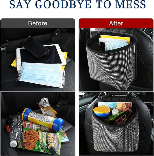 Cavalcade Car Back Seat Organizer, Bling Hanging Pocket, Large Seat Back Travel Caddy Bag, Diamond Trash Bin Garbage Container (White)