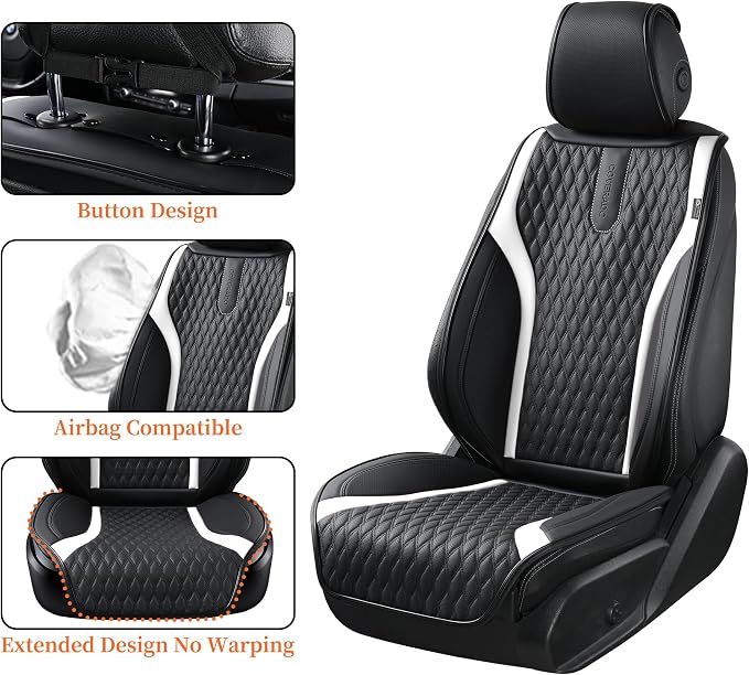 Coverado Front Seat Covers, 2PCS Waterproof Seat Covers for Cars, Car Seat Cushion Waterproof Leather Car Seat Protector, Driver Seat Cover Universal Fit for Most Sedans SUV Truck Black&White