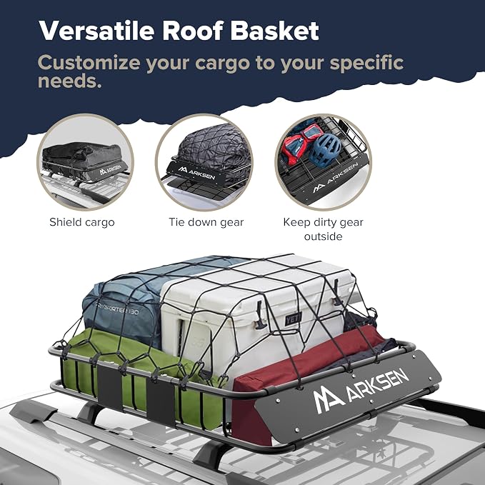 ARKSEN 43" x 39" x 6" Roof Rack Basket with Extension & Cargo Net, 150 lb Heavy-Duty Steel Cargo Carrier, Fits Crossbars up to 1.38" Thick, for SUV & Pickup Truck