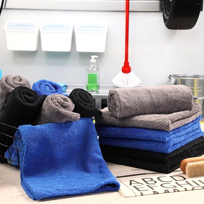 Shimeyao 30 Pcs16 x 16 Inch Edgeless Microfiber Plush Towels for Cars Detailing Drying Wash Polishing Absorbent Cleaning Cloths, 500 GSM (Navy Blue, Gray, Black)