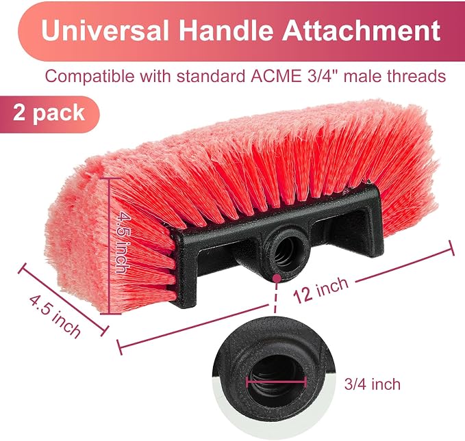 Tanlade 2 Pcs Car Wash Brush Head with Soft Detailing Bristle Flow Through Car Cleaning Brush Exterior Wash Equipment for Auto Truck RV Boat Camper (12 Inch,Red)