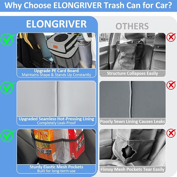ELONGRIVER Car Trash Can Bin for Back Seat Leak Proof, Cute Car Trash Bag Hanging, Vehicle Trash Can for SUV Truck Van, Automotive Garbage Cans Front Seat Grey