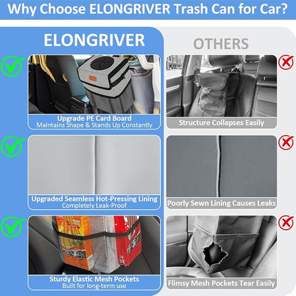 ELONGRIVER Car Trash Can Bin for Back Seat Leak Proof, Cute Car Trash Bag Hanging, Vehicle Trash Can for SUV Truck Van, Automotive Garbage Cans Front Seat Grey