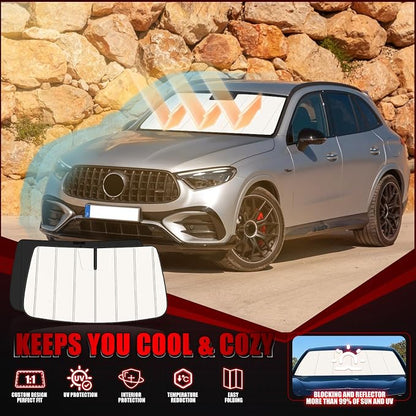 Windshield Sun Shade for Benz GLC 2023-2025 2026, Front Window Visor Accessories, Folding Design Blocks Heat & UV Rays Maintain Cool Interior and Save Space