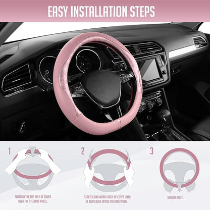 PIC AUTO Steering Wheel Cover, Pink Patterned Leather Patchwork Design, Universal Fit 14.5"–15.5" D-Shape Steering Cover, Soft PU Grain Leather, Durable Grip Car Accessory for Girls & Women