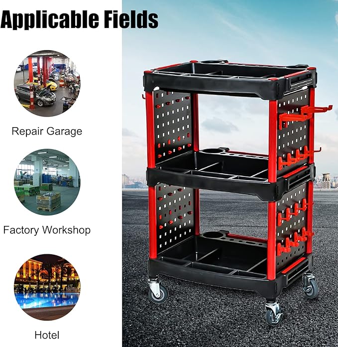 Car Detailing Cart Tool Organizer with 4 Pieces Side Hanging Plate & Hooks,for Mechanics & Detailers During Repairs Car Wash/Wax Detailing Cart-Updated