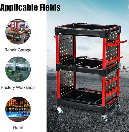 Car Detailing Cart Tool Organizer with 4 Pieces Side Hanging Plate & Hooks,for Mechanics & Detailers During Repairs Car Wash/Wax Detailing Cart-Updated