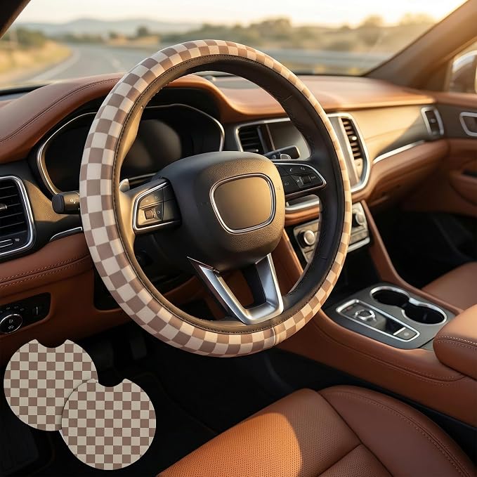 Checkered Brown Steering Wheel Cover 14-15 Inch with 2 Pcs Car Coasters | Universal Anti-Slip Breathable Suitable Men Women Checkered Car Wheel Cover Accessories