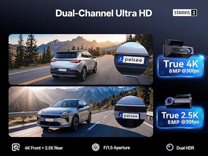 True 4K+2.5K Dash Cam Front and Rear,IMX678 + IMX675 Dual Starvis 2 Sensor,Free 128GB Card & OBD Hardwire Kit,Native 4K HDR Dash Camera for Cars,5.8GHz WiFi 6,STARLIT™ Full Color Night Vision,GPS,ADAS