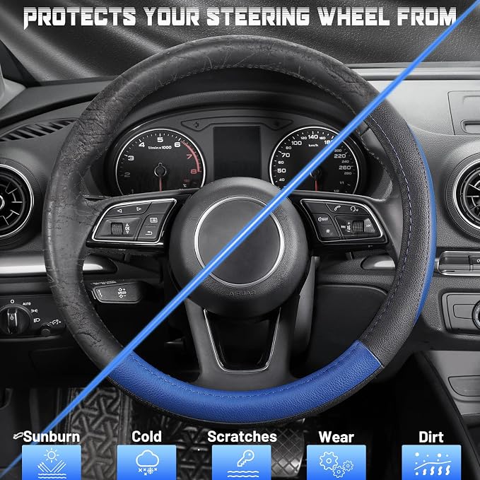 SEG Direct Car Steering Wheel Cover for Prius Civic Model 3 Model Y Camaro, Small Size 14-14.25 inch, Black and Blue Microfiber Leather