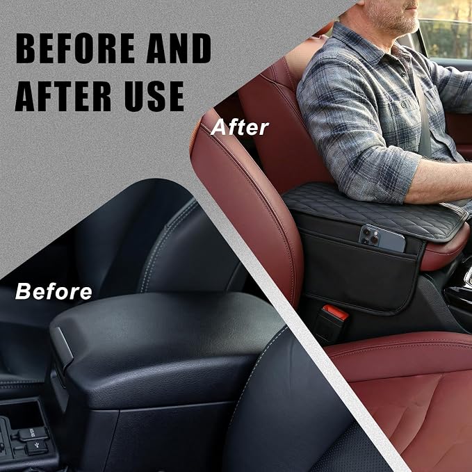 Center Console Cover, PU Leather Car Armrest Cover with Storage Pocket, Ergonomic & Anti-Slip, Universal Car Center Console Organizer for Vehicles, SUV, Truck, Sedan