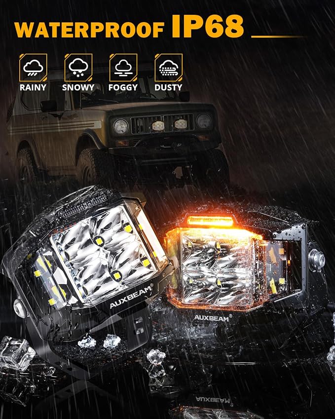 Auxbeam 4 Inch LED Pod Light, 92W V-MAX Series Square Offroad Driving with Amber DRL, 270° Spot Flood Combo Beam Side Shooter Cube Work Auxiliary Lights with Yellow Cover for Truck SUV ATV UTV