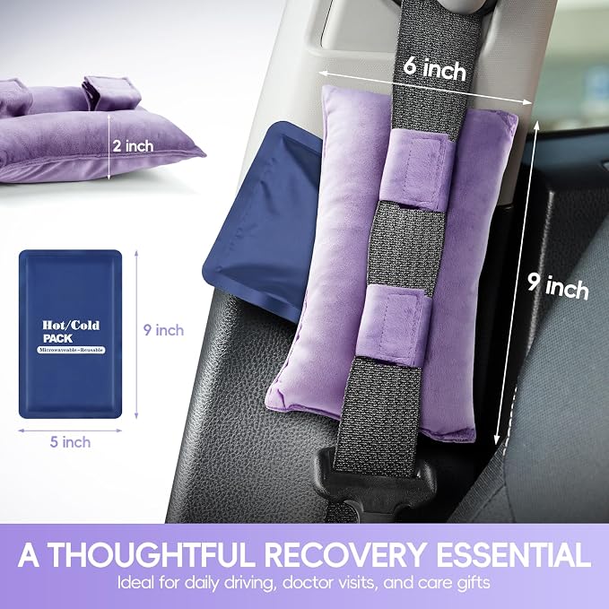Post Surgery Seat Belt Pillow with Ice Pack, Seatbelt Cushion for Mastectomy, Heart Surgery, C-Section & Hysterectomy Recovery, Chemo Port Protector, Seatbelt Pad with Pocket (Purple)