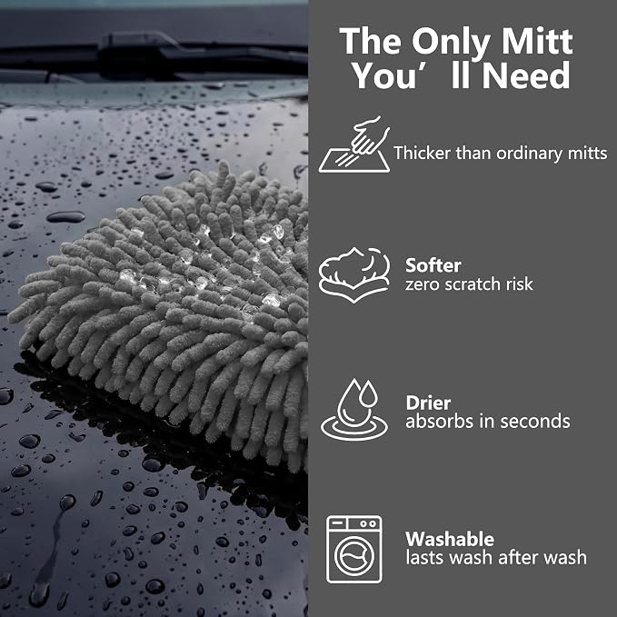 Car Wash Mitt,Detailing Ultra-Soft Chenille Microfiber Auto Gloves,Scratch-Free&Lint-Free,Safe for Trucks,SUVs, RVs&More