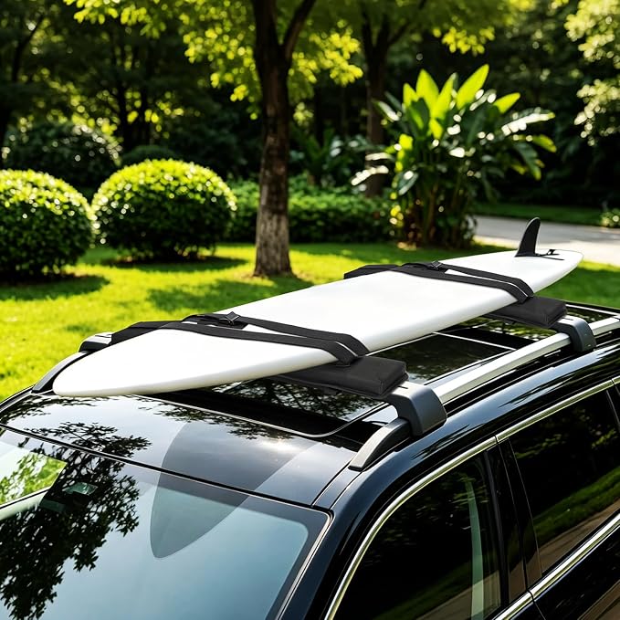Universal Soft Roof Rack Pads for Kayak SUP Surfboard Snowboard Canoe, Heavy Duty Car Roof Rack System with 2 Tie Down Straps, 4 Quick Loop Straps, 2 Hood Loops, Tie Down Ropes and Storage Bag