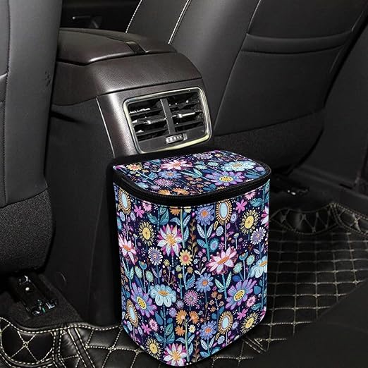 Abstract Hippie Flower Print Trash Can for Car Leakproof Garbage with Lid and Zipper Trash Bin Hanging Back of Seat Auto Interior Accessories Universal Fit Most Truck SUV Van