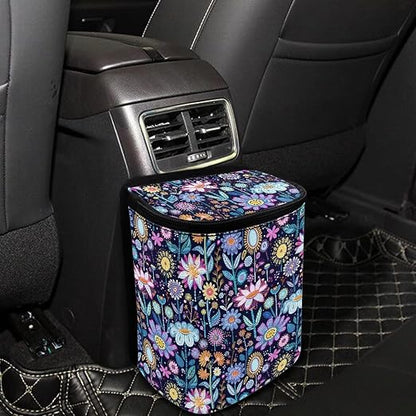 Abstract Hippie Flower Print Trash Can for Car Leakproof Garbage with Lid and Zipper Trash Bin Hanging Back of Seat Auto Interior Accessories Universal Fit Most Truck SUV Van
