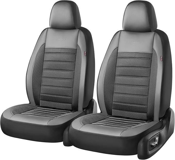 Coverado Car Seat Covers Front Seats, Luxury Leather Car Seat Covers, Automotive Mesh Seat Covers 2 Pack, Airbag-Compatible, Black Gray Seat Covers for SUV Sedan Truck