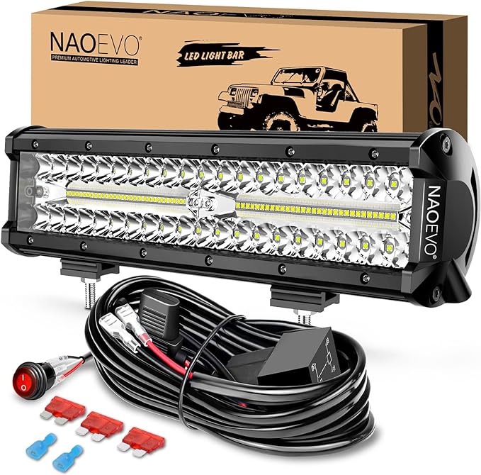 NAOEVO 12 Inch LED Light Bar, 300W 30000LM LED Offroad/Driving/Fog Lights with Wiring Harness Kit, Spot Flood Work Lights for Truck UTV ATV Golf Cart Boat, 1 Pc (White)
