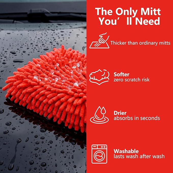 Car Wash Mitt,Detailing Ultra-Soft Chenille Microfiber Auto Gloves,Scratch-Free&Lint-Free,Safe for Trucks,SUVs, RVs&More