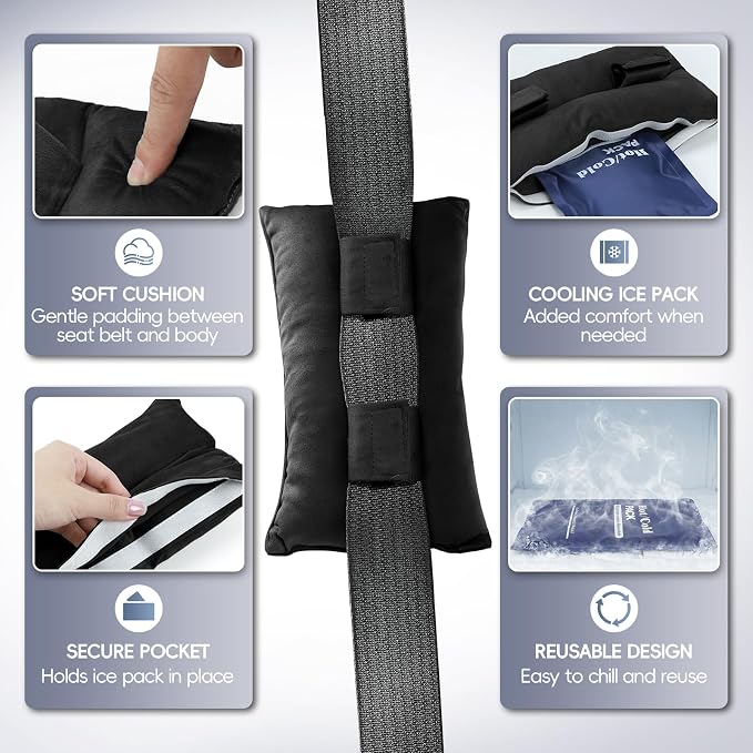 Post Surgery Seat Belt Pillow with Ice Pack, Seatbelt Cushion for Mastectomy, Heart Surgery, C-Section & Hysterectomy Recovery, Chemo Port Protector, Seatbelt Pad with Pocket(Black)
