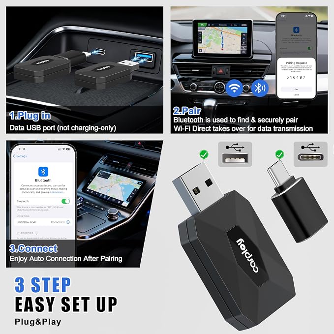 2026 Upgraded Wireless CarPlay Adapter for iPhone & Android, Mini Wireless CarPlay Adapter for Apple iOS 10+, Bluetooth 5.3 & 5GHz Wi-Fi, Converts Factory Wired CarPlay to Wireless for Cars 2016 +
