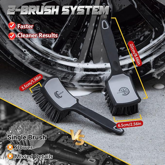 BMLEI Wheel & Tire Brush Set, 2 Pack Car Wheel Brush & Tire Cleaner Brushes, Soft Bristle Rim Brush and Stiff Tire Scrub Brush, Scratch-Free Wheel Cleaning Kit for Car Detailing, Trucks, SUVs