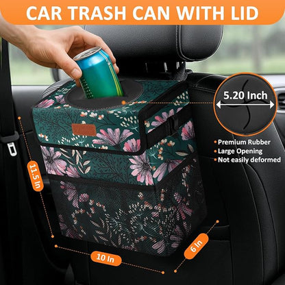 Vankor 3 Gallons Car Trash Can with Lid, Car Trash Bag Bin Hanging Waterproof Automotive Garbage Cans Leak Proof Vehicle Trash Can Navy Floral