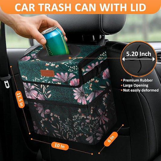 Vankor 3 Gallons Car Trash Can with Lid, Car Trash Bag Bin Hanging Waterproof Automotive Garbage Cans Leak Proof Vehicle Trash Can Navy Floral