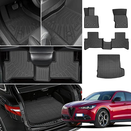 Floor Mats for Alfa Romeo Stelvio & Stelvio Quadrifoglio 2018-2025, Floor Mats for Stelvio Base Ti Veloce, 2 Row Floor Mats & Cargo Mat(with Subwoofer), TPE Anti-Slip Stelvio Mats Accessories