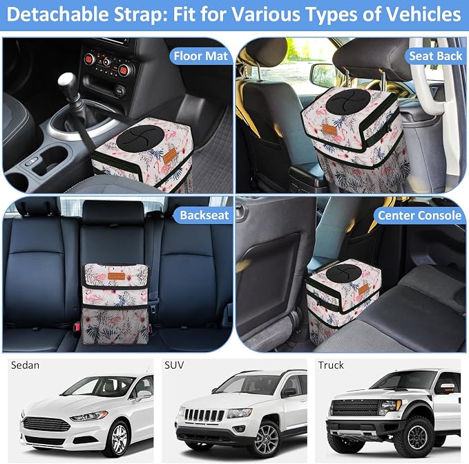 ELONGRIVER Car Trash Can Bin for Back Seat Leak Proof, Cute Car Trash Bag Hanging, Vehicle Trash Can for SUV Truck Van, Automotive Garbage Cans Front Seat Flamingos, 2 Gallons