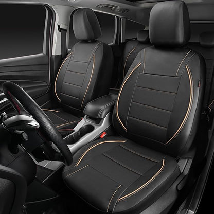 CAR PASS Universal FIT Piping Leather Car Seat Cover, for suvs,Van,Trucks,Airbag Compatible,Inside Zipper Design and Reserved Opening Holes (Full Set, Black and Beige)