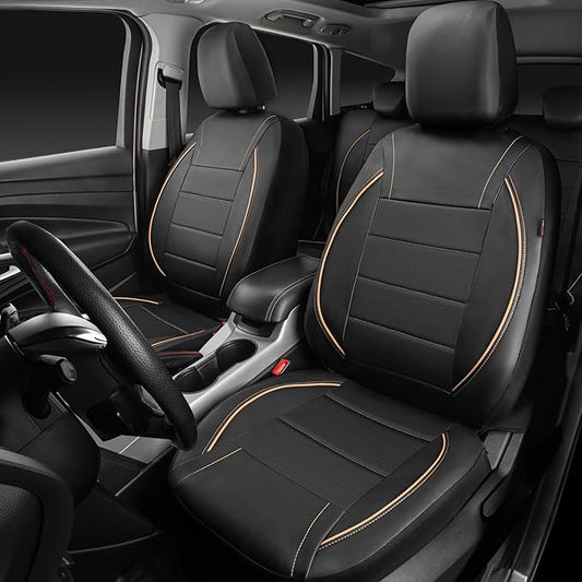 CAR PASS Universal FIT Piping Leather Car Seat Cover, for suvs,Van,Trucks,Airbag Compatible,Inside Zipper Design and Reserved Opening Holes (Full Set, Black and Beige)