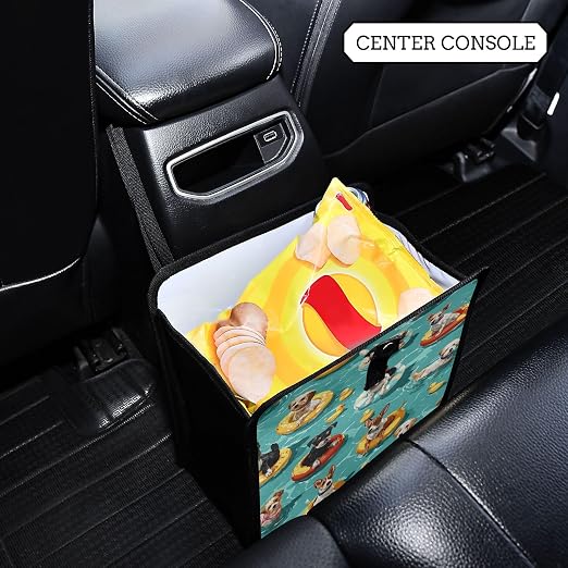 Car Trash Can Organizer Bin with Adjustable Strap for Back Front Seat Console Waterproof Leakproof Collapsible Portable 11 Inch Teal Swimming Pool Dogs and Ducks