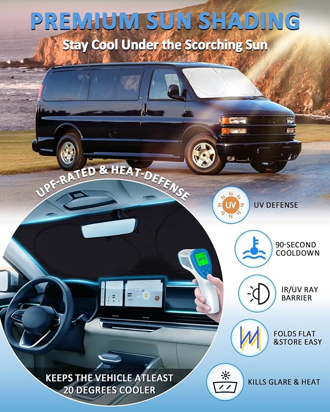 for Chevrolet Express Windshield Sun Shade Sunshade Fits 1996-2024 2025 2026 Chevy Express Cargo Van 1500, 3500, 4500, LS, LT Accessories Windshield Cover Window Shield Protector Sun Visor