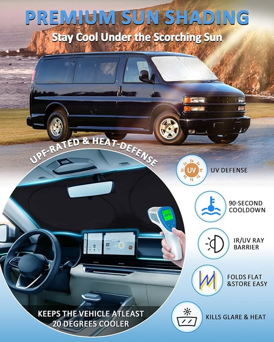 for Chevrolet Express Windshield Sun Shade Sunshade Fits 1996-2024 2025 2026 Chevy Express Cargo Van 1500, 3500, 4500, LS, LT Accessories Windshield Cover Window Shield Protector Sun Visor