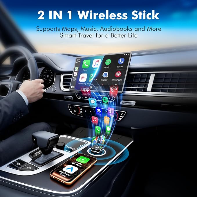 2026 Upgraded 2-in-1 Wireless CarPlay Adapter for iPhone & Android Auto, Plug and Play, Convert Wired to Wireless, Fast Auto-Connect & No Latency, USB-A/USB-C for 98% Factory Wired Cars