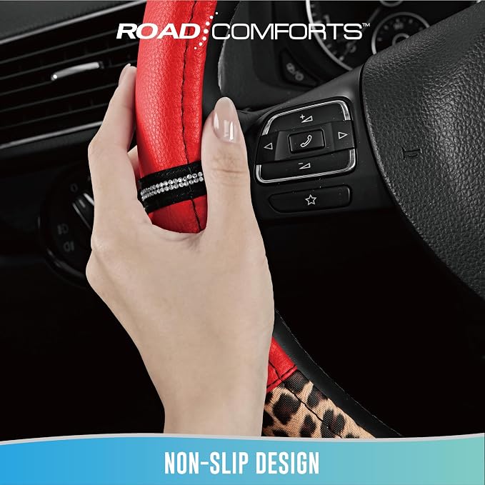 Road Comforts Leopard Steering Wheel Cover for Women, Cute Anti-Slip Microfiber Leather, Universal Fit 14.5-15 Inch Round Steering Wheel - Red