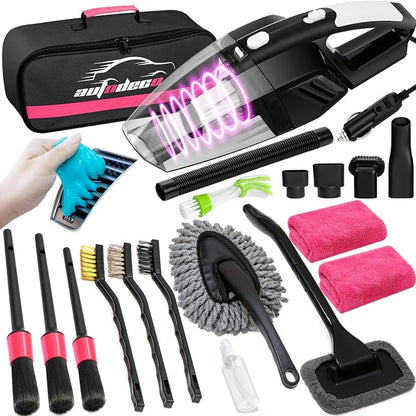 20Pcs Car Cleaning Wash Kit Interior Detailing Cleaner Kit with High Power Handheld Vacuum, Brush Set, Windshield Tool, Duster, Towels, Complete Car Care Tools, Pink