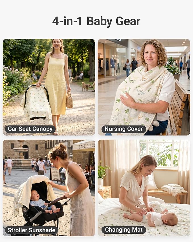 Metplus 100% Muslin Car Seat Cover Baby & Nursing Cover, Soft Breathable Infant Carseat Canopy for Summer, Stroller & Carrier Sunshade for Boys Girls (Cute Dinosaur)