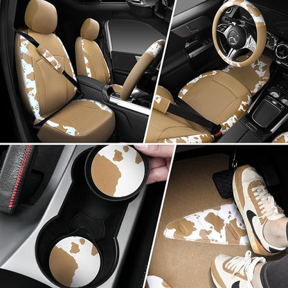 CAR PASS Cow Print Faux Leather Car Seat Covers & Cow Car Mats & Cow Steering Wheel Cover Seat Belt Pads Universal fit for SUV,Van,Saden,Truck Cute Car Accessories Automobile Interior Sets All Beige