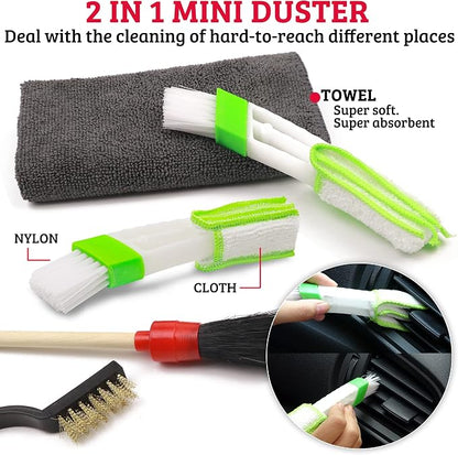 TAKAVU Car Detailing Kit & Detailing Brush Set, 12 Pc - Detail Brushes, Wire Brushes, Vent Duster & Microfiber Towel for Car Interior, Engine Bay, Wheels, Exterior & Motorcycle