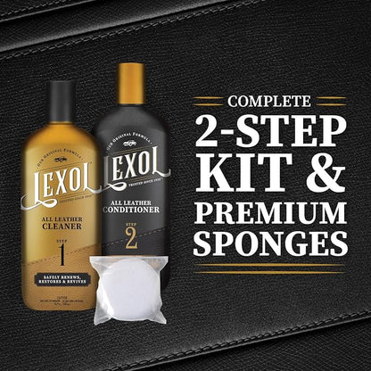 Lexol Leather Conditioner & Cleaner Kit - Premium 2-Step Leather Care for Car Interiors, Furniture, Shoes & Handbags, Includes 2 Sponges, Gift for leather lovers (16 oz Each)