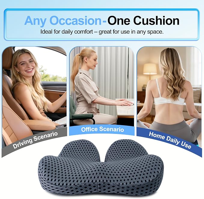 Ergonomic Memory Foam Seat Cushion Hemorrhoid Pillow for Hip Sciatica and Tailbone Pain Relief for Office Chair Car and Home (Grey)